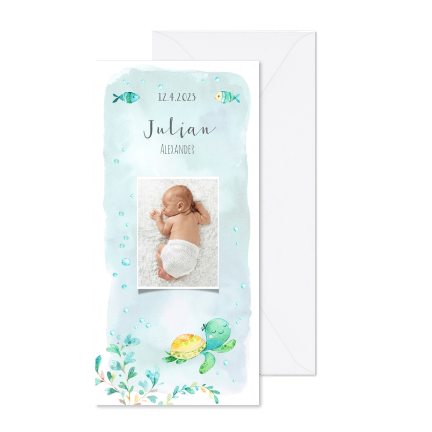 Geboortekaart jongen met schildpad en vissen - Kaartimpressie