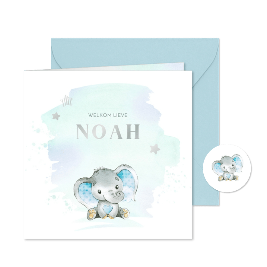 Geboortekaart jongen olifantje waterverf - Kaartimpressie