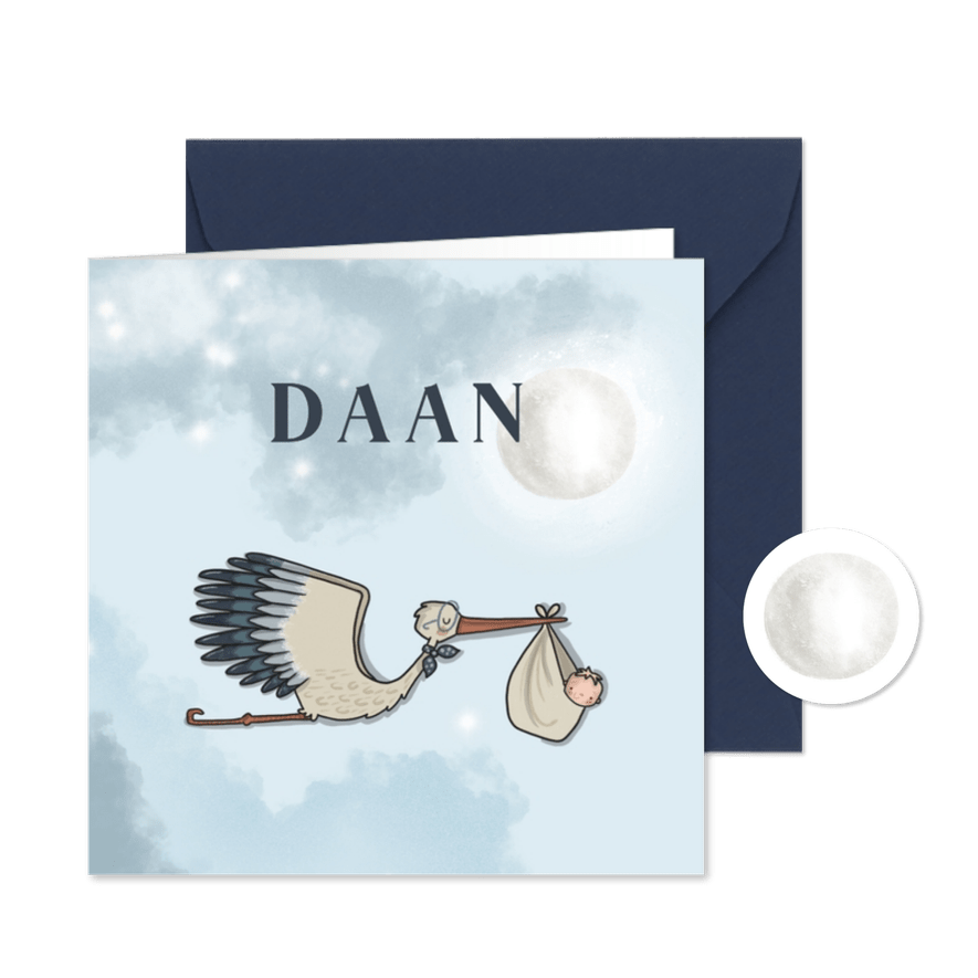 Geboortekaart jongen ooievaar bij maan - Kaartimpressie