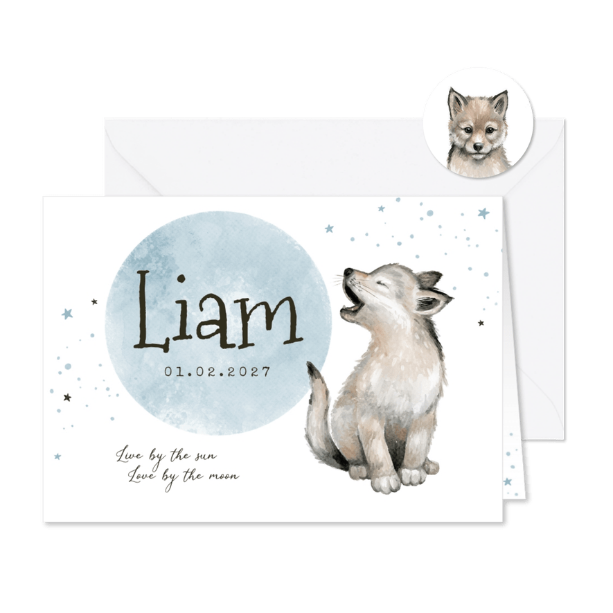 Geboortekaart jongen wolf sterretjes maan waterverf - Kaartimpressie