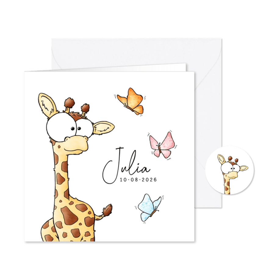 Geboortekaart kleine giraf met vlinders - Kaartimpressie