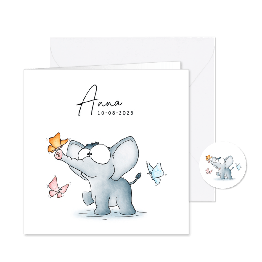 Geboortekaart kleine olifant met vlinders - Kaartimpressie