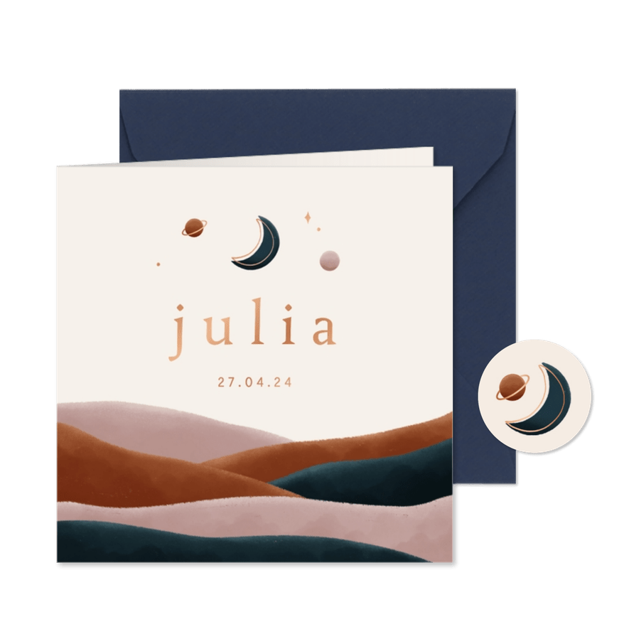 Geboortekaart landschap blauw roze maan en planeetjes koper - Kaartimpressie