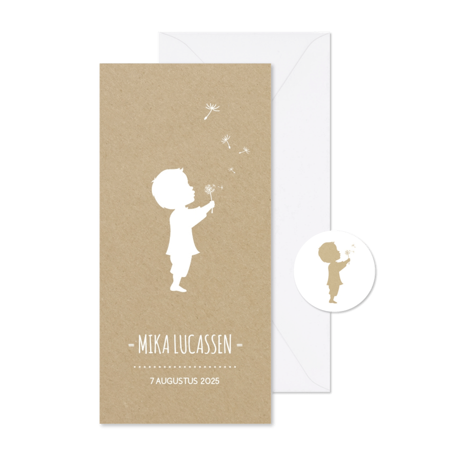 Geboortekaart langwerpig met silhouet jongen en paardebloem - Kaartimpressie