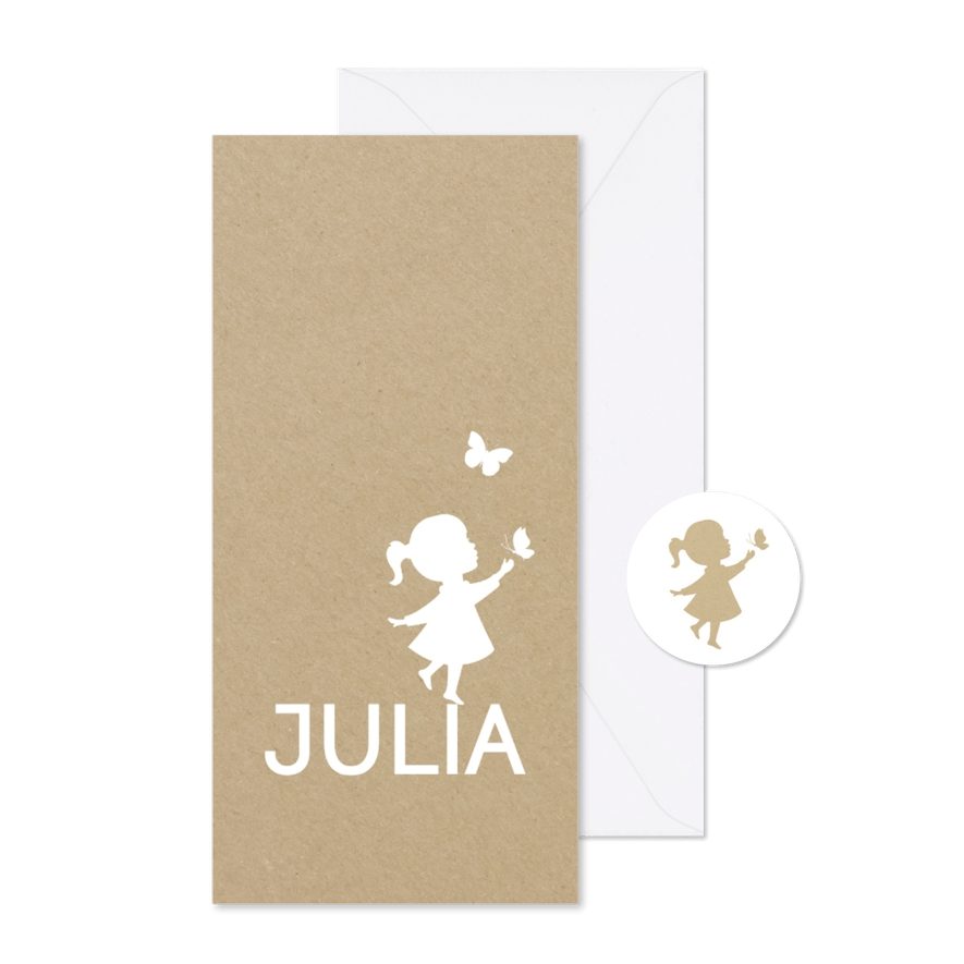 Geboortekaart langwerpig met silhouet van meisje en vlinder - Kaartimpressie