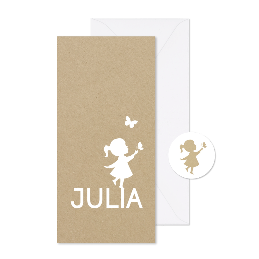 Geboortekaart langwerpig met silhouet van meisje en vlinder - Kaartimpressie