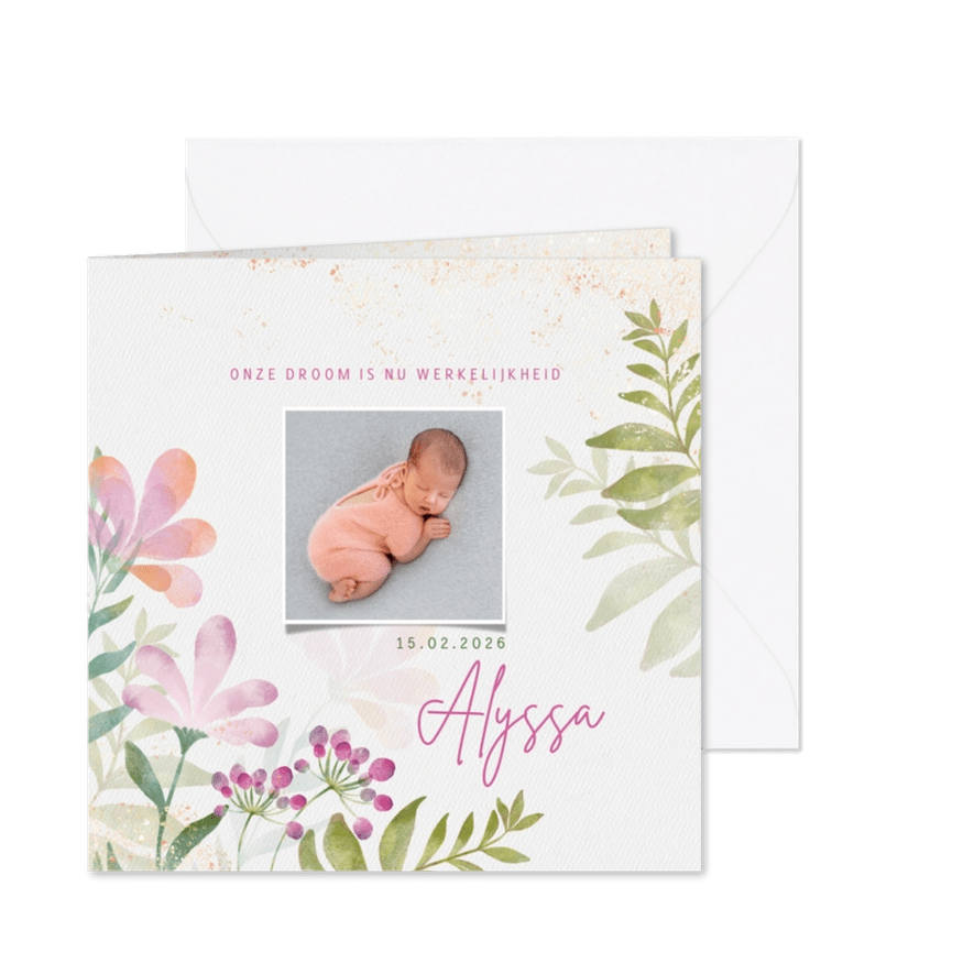 Geboortekaart meisje aquarel bloemen en foto - Kaartimpressie