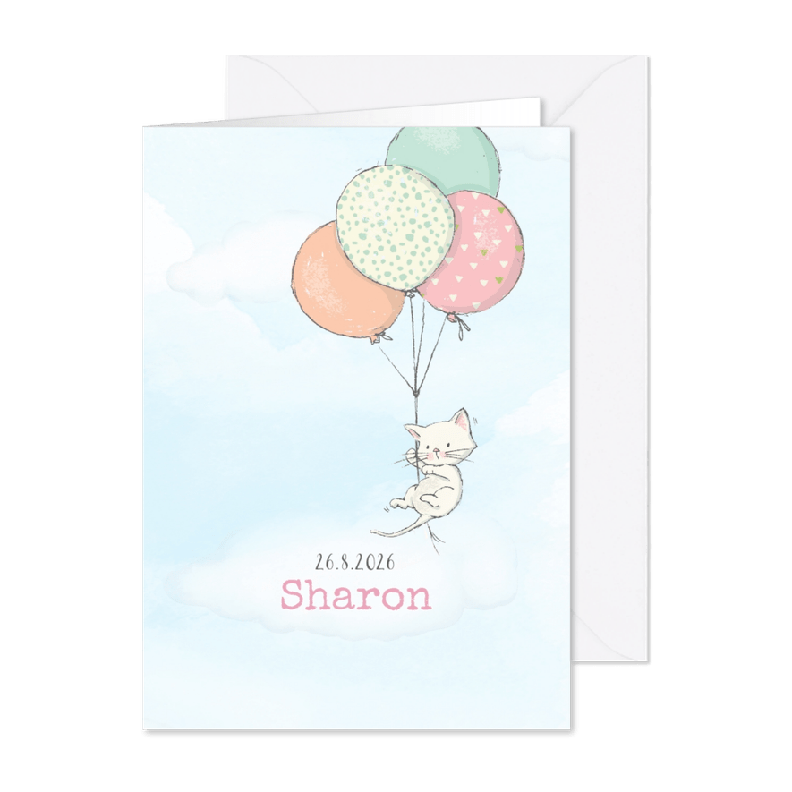 Geboortekaart meisje, kitten en ballonnen - Kaartimpressie