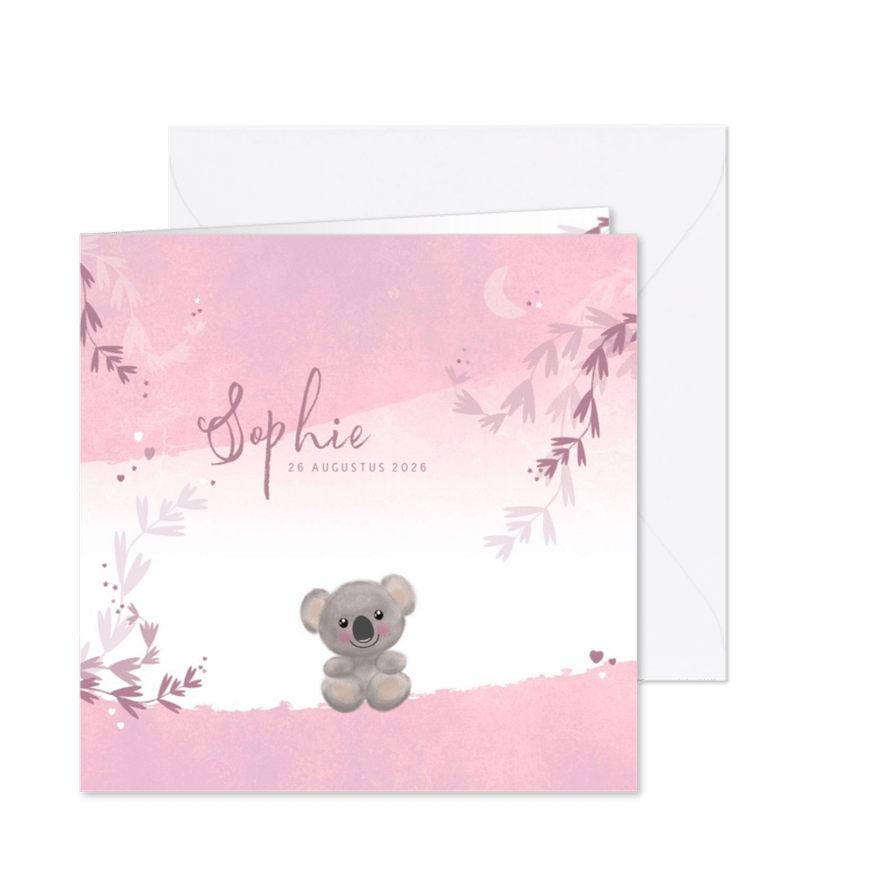Geboortekaart meisje lief koalabeertje hartjes sterren maan - Kaartimpressie
