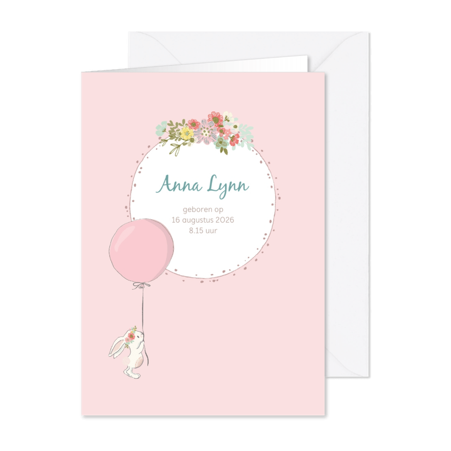 Geboortekaart meisje met konijn, ballon en bloemen - Kaartimpressie