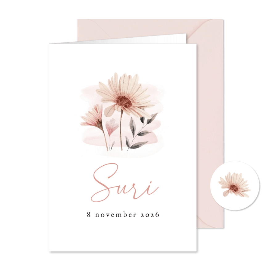 Geboortekaart meisje met pastel kleurige bloemen - Kaartimpressie