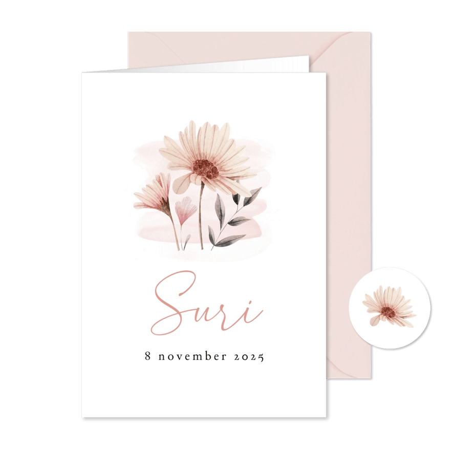 Geboortekaart meisje met pastel kleurige bloemen - Kaartimpressie