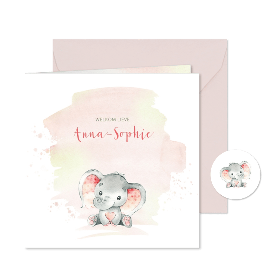 Geboortekaart meisje olifantje waterverf - Kaartimpressie