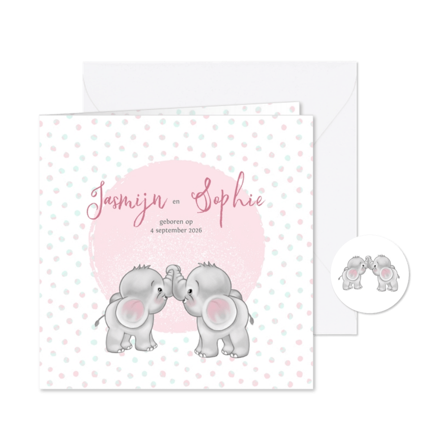 Geboortekaart meisje-tweeling olifantjes - Kaartimpressie
