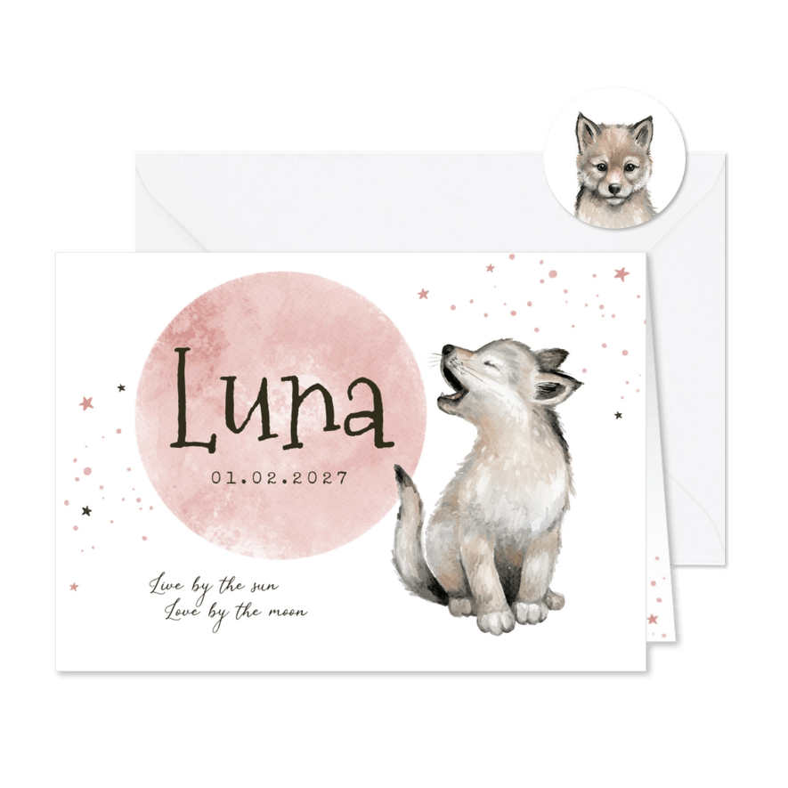 Geboortekaart meisje wolf sterretjes maan waterverf - Kaartimpressie