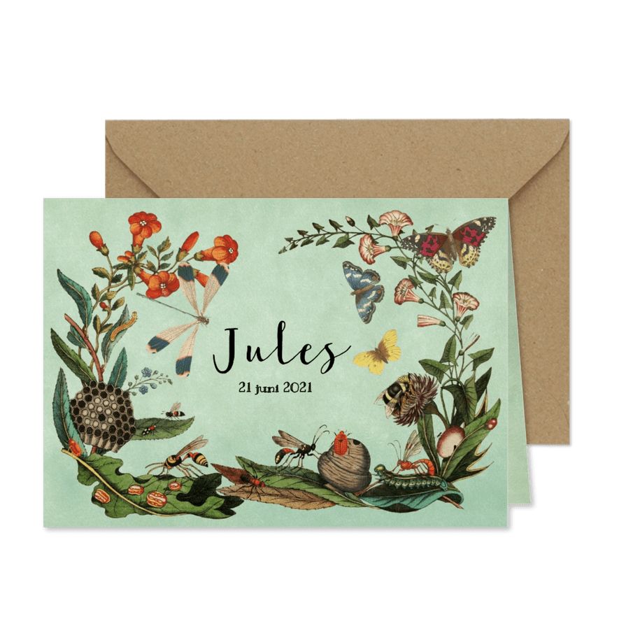 Geboortekaart met bloemen en beestjes - Kaartimpressie