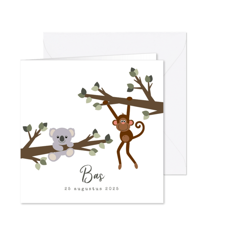 Geboortekaart met een lief ontwerp van een aapje en koala - Kaartimpressie