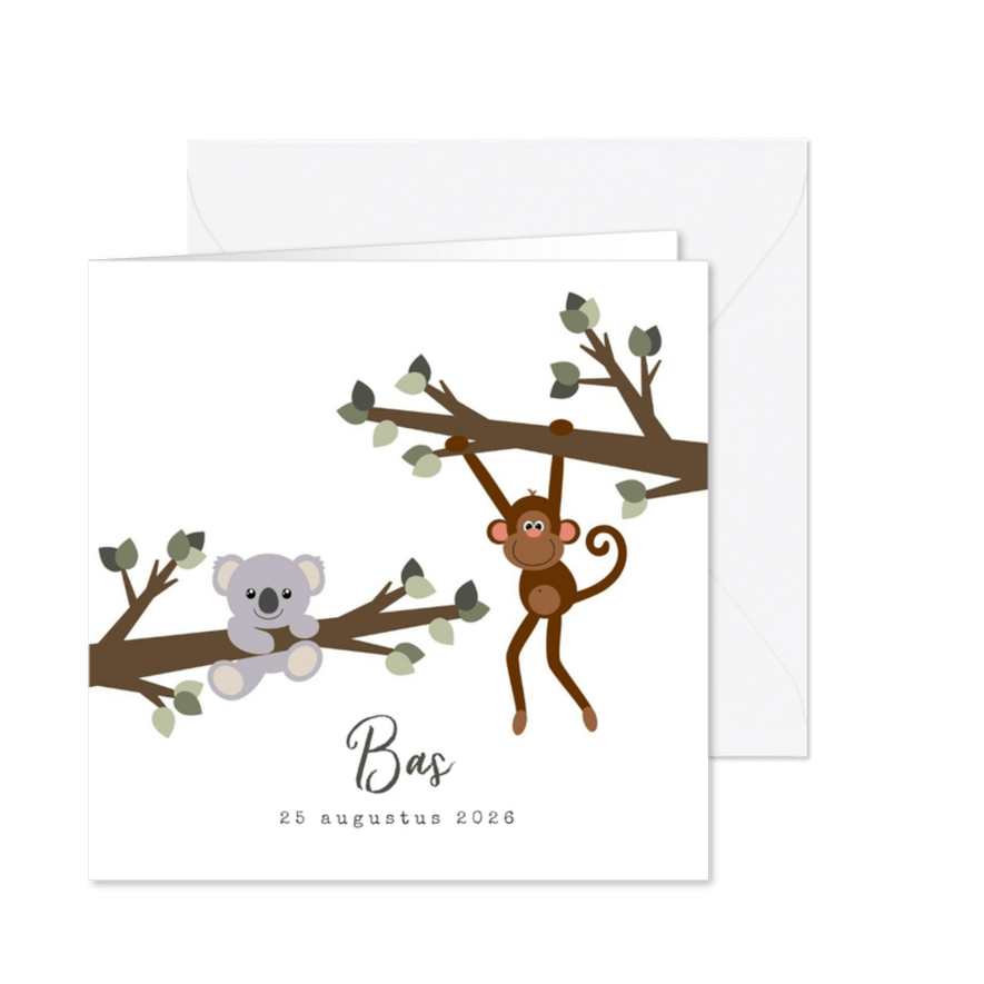 Geboortekaart met een lief ontwerp van een aapje en koala  - Kaartimpressie