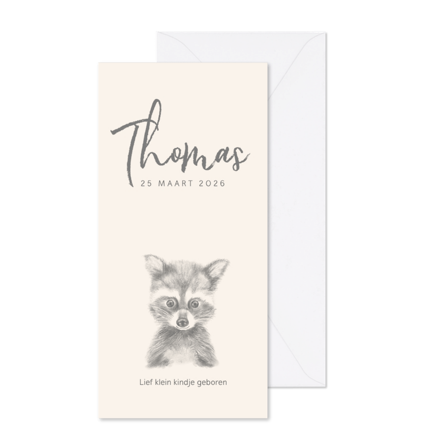 Geboortekaart met een potloodtekening van een wasbeertje - Kaartimpressie