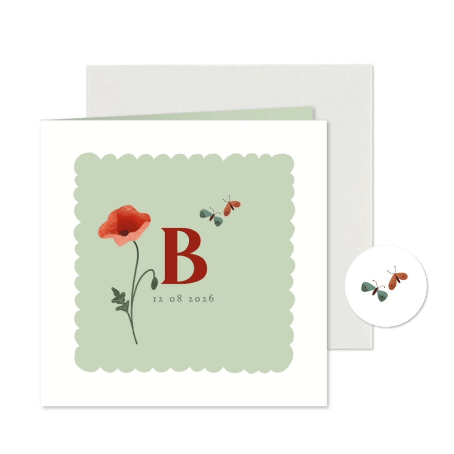 Geboortekaart met geboortebloem augustus klaproos - Kaartimpressie