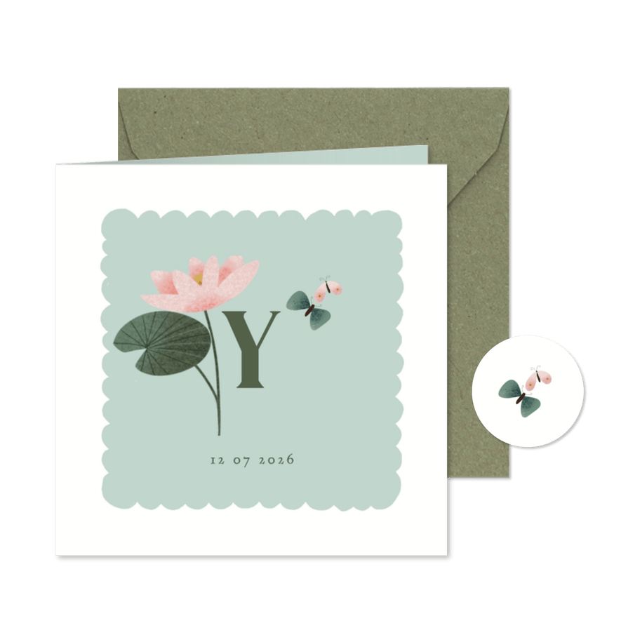 Geboortekaart met geboortebloem juli: waterlelie - Kaartimpressie