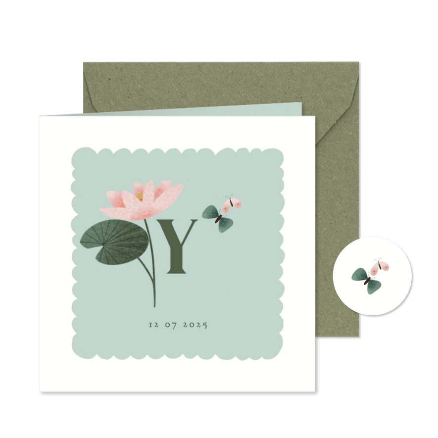 Geboortekaart met geboortebloem juli: waterlelie - Kaartimpressie