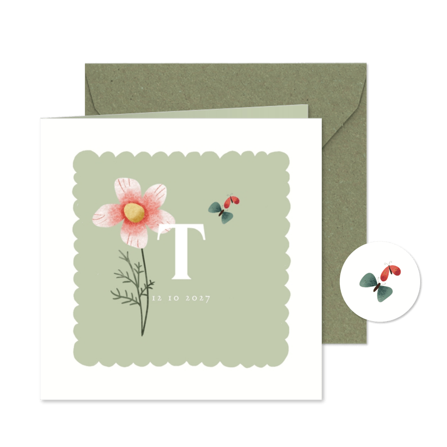 Geboortekaart met geboortebloem oktober: cosmea - Kaartimpressie