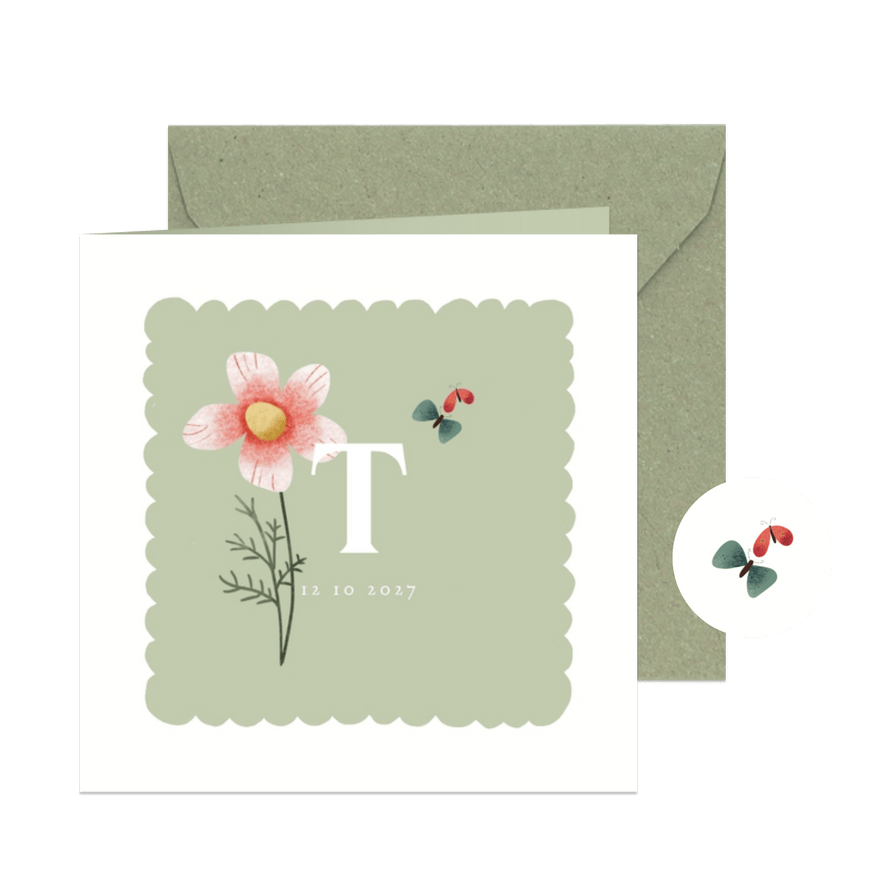 Geboortekaart met geboortebloem oktober: cosmea - Kaartimpressie