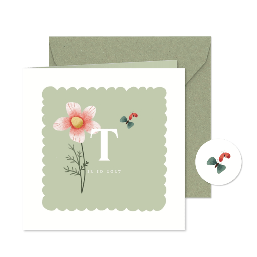 Geboortekaart met geboortebloem oktober: cosmea - Kaartimpressie