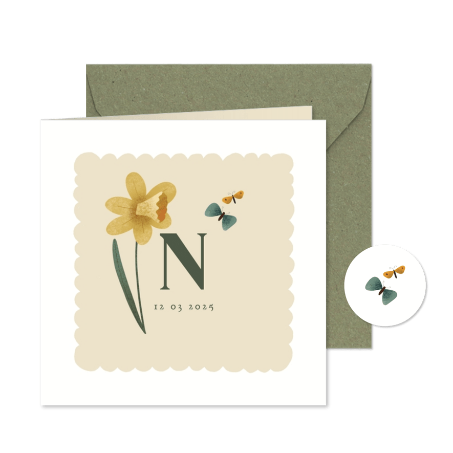Geboortekaart met geboortebloem van maart: narcis - Kaartimpressie
