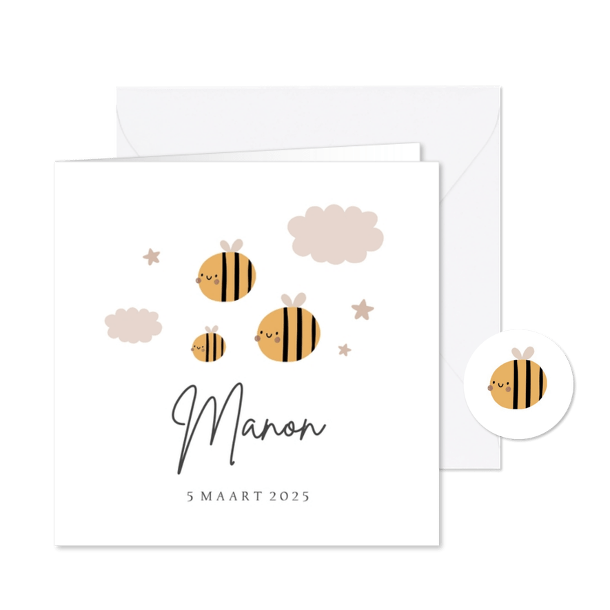 Geboortekaart met getekende bijtjes - Kaartimpressie