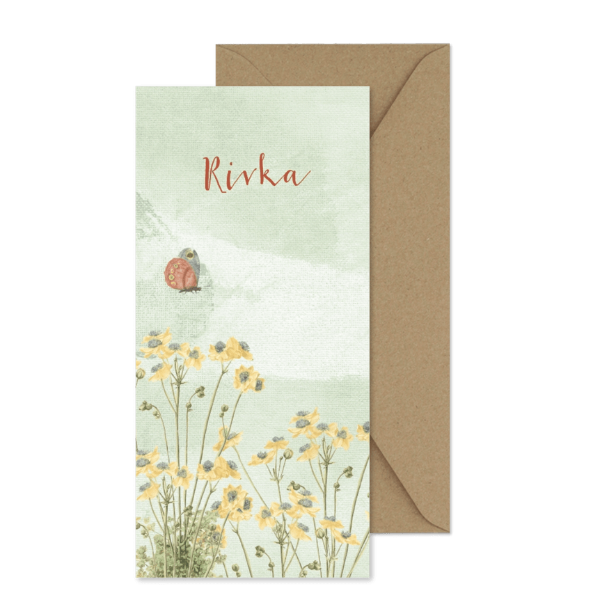 Geboortekaart met pastelkleurige bloemen en vlinder - Kaartimpressie