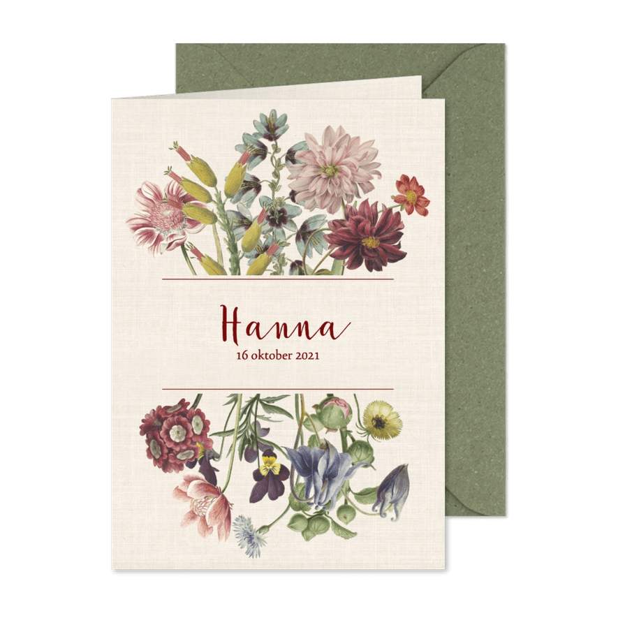 Geboortekaart met pastelkleurige vintage bloemen - Kaartimpressie