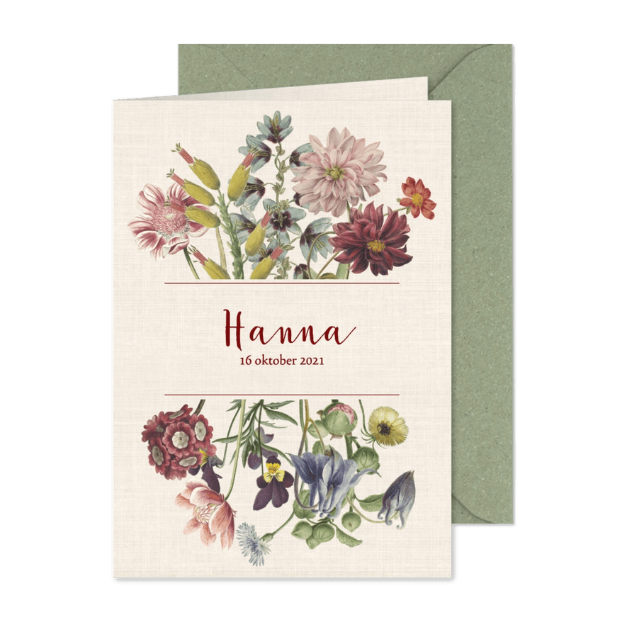 Geboortekaart met pastelkleurige vintage bloemen - Kaartimpressie