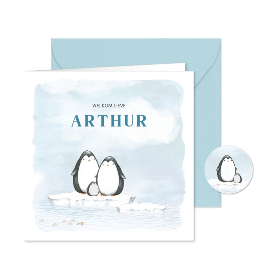 Geboortekaart met pinguin op ijsschots - Kaartimpressie