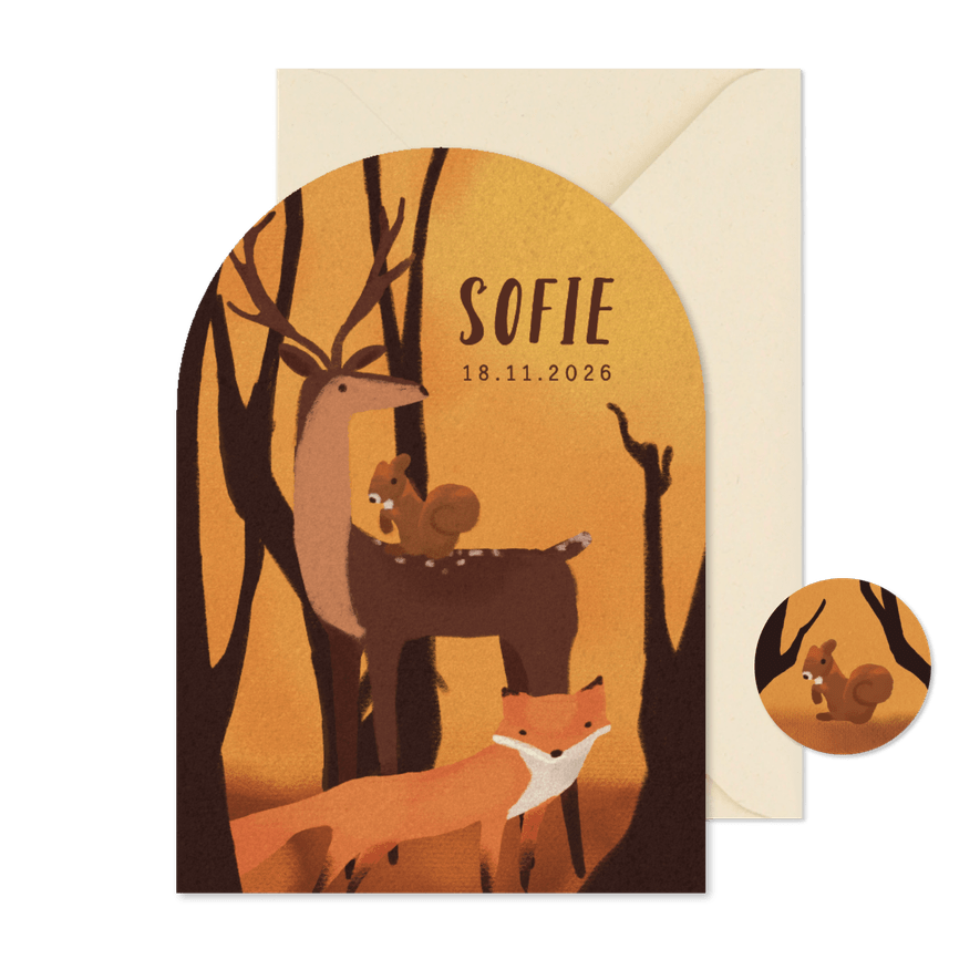 Geboortekaart met schattige herfst dieren - Kaartimpressie