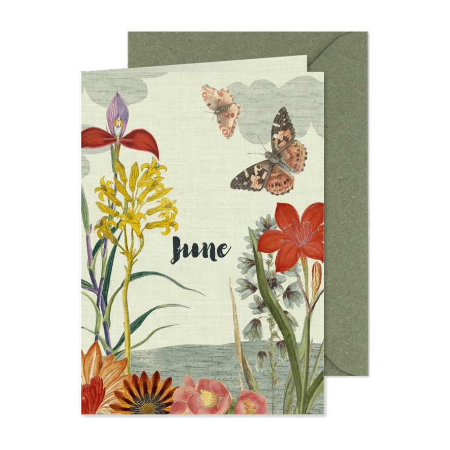 Geboortekaart met vintage bloemen en vlinders - Kaartimpressie