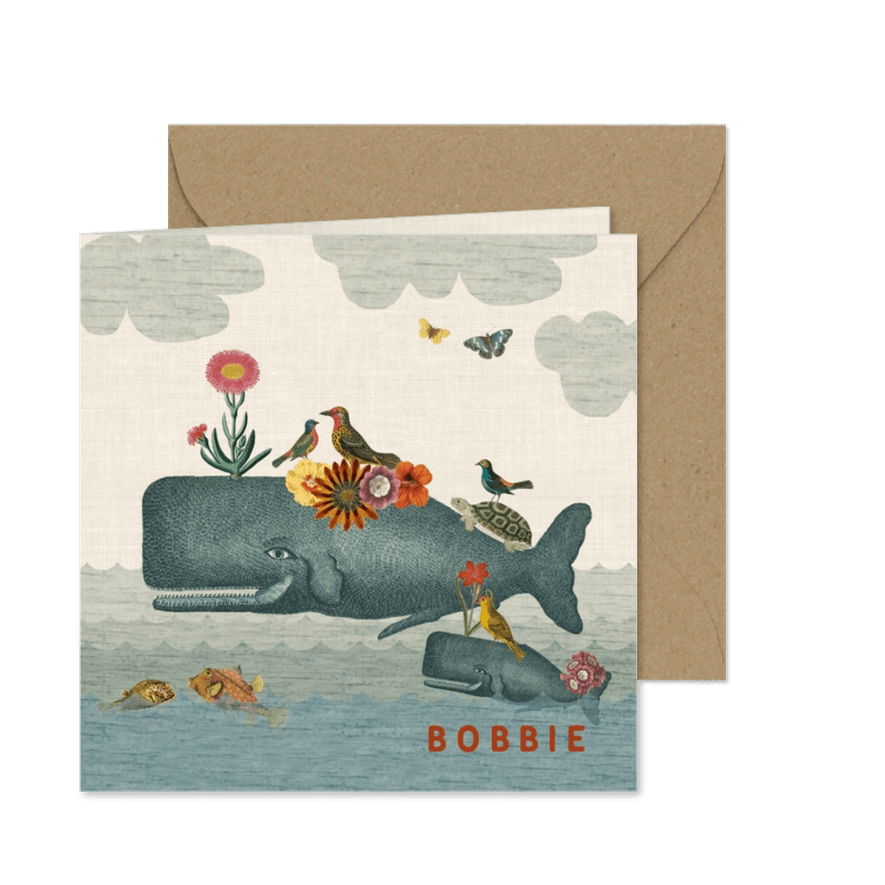 Geboortekaart met walvis, andere dieren en bloemen - Kaartimpressie