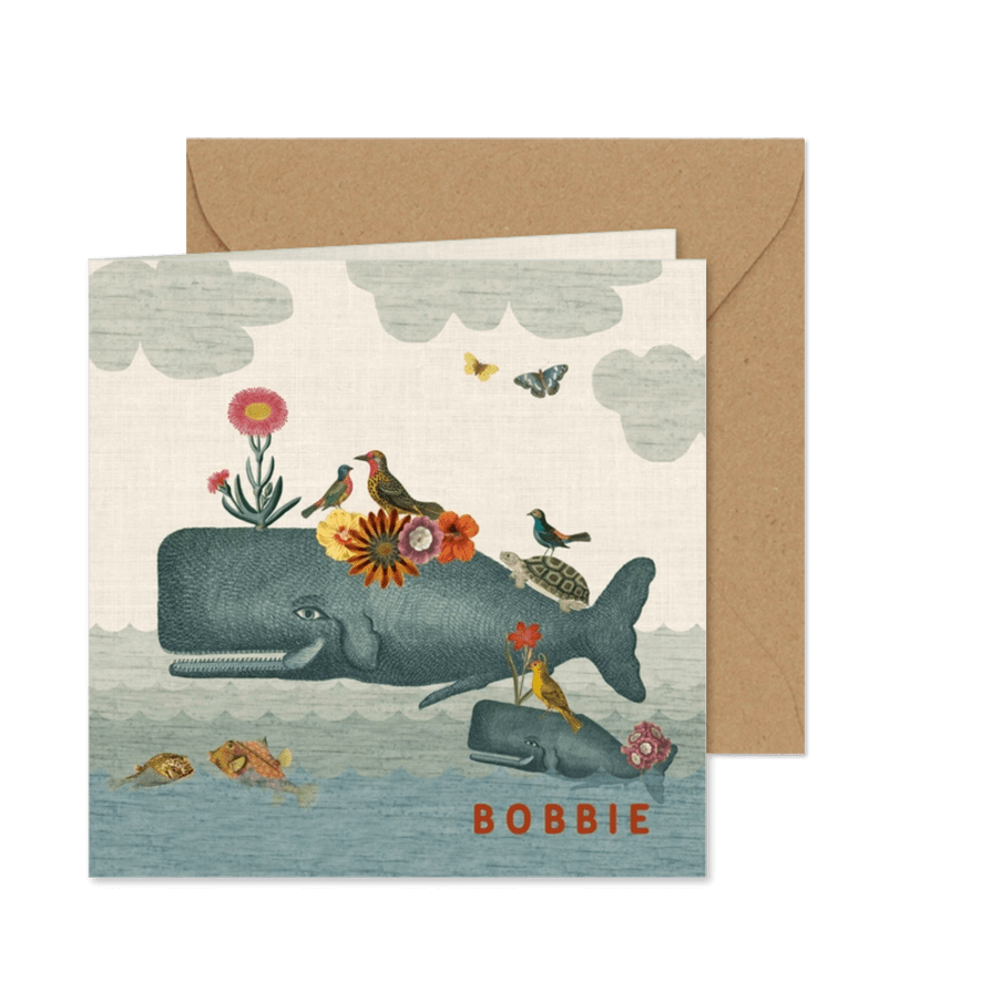 Geboortekaart met walvis, andere dieren en bloemen - Kaartimpressie