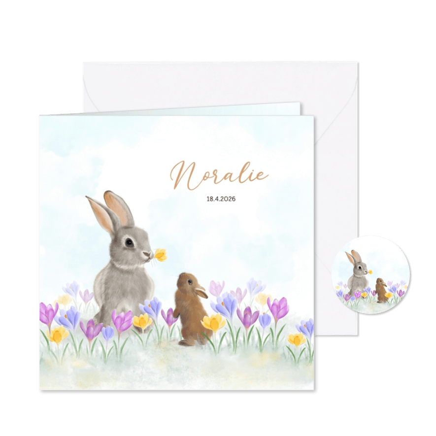 Geboortekaart moeder- en babykonijn tussen de krokussen - Kaartimpressie