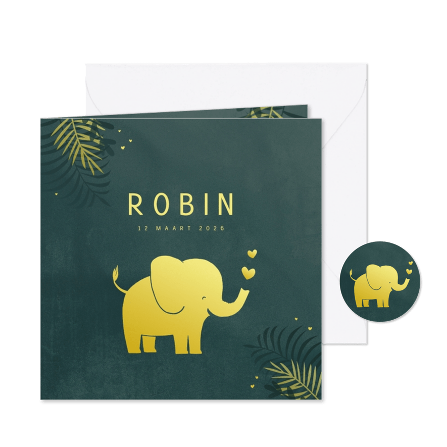 Geboortekaart olifant in goudlook - Kaartimpressie