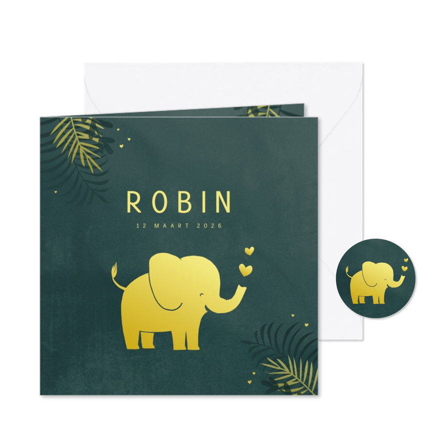 Geboortekaart olifant in goudlook - Kaartimpressie
