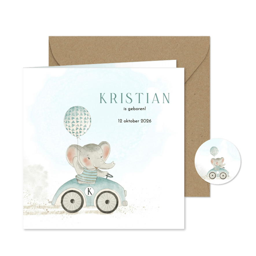 Geboortekaart olifant met ballon in auto - Kaartimpressie