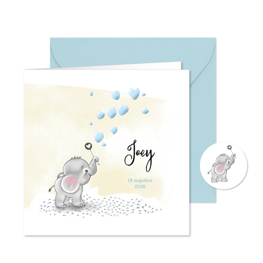 Geboortekaart olifantje blauw bellenblaas - Kaartimpressie
