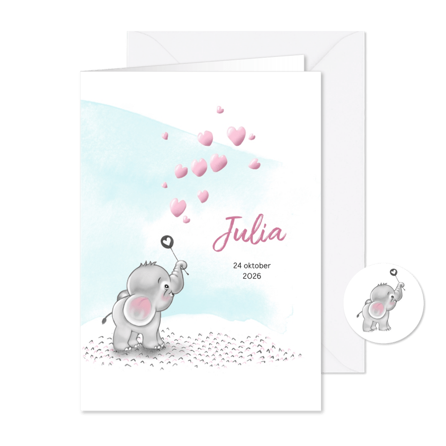 Geboortekaart olifantje met hartjes-bellenblaas - Kaartimpressie