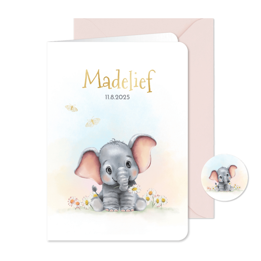 Geboortekaart olifantje met vlindertjes - Kaartimpressie