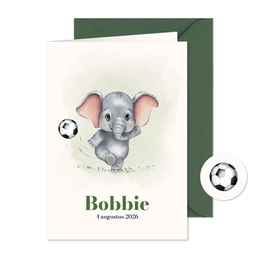 Geboortekaart olifantje met voetbal+ - Kaartimpressie