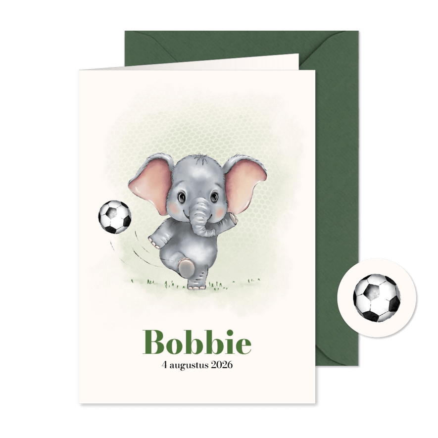 Geboortekaart olifantje met voetbal+ - Kaartimpressie