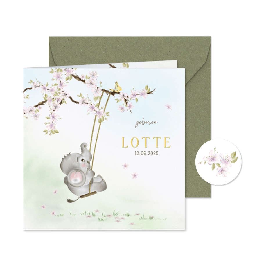 Geboortekaart olifantje op de schommel - Kaartimpressie
