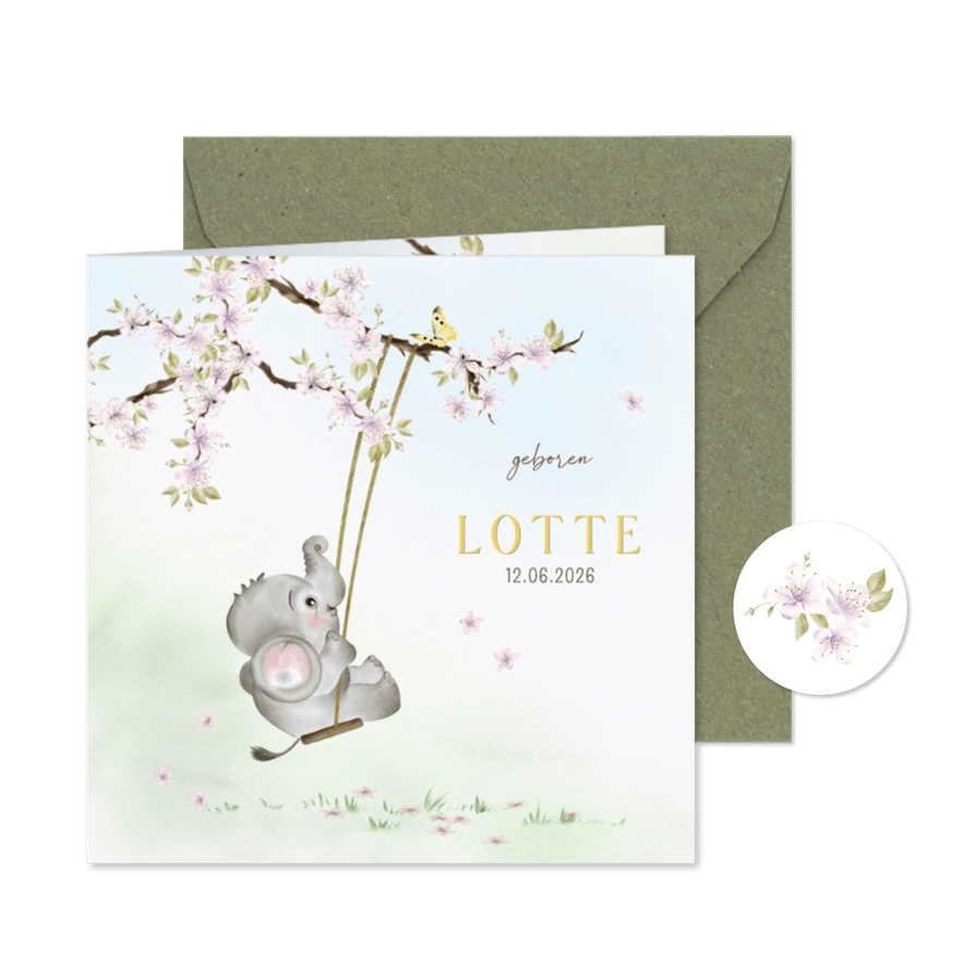 Geboortekaart olifantje op de schommel - Kaartimpressie